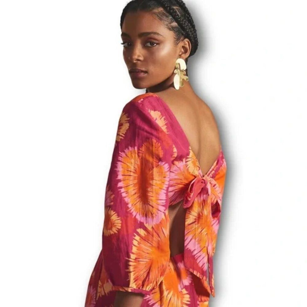 FARM Rio x Anthropologie Tie-Back Cutout wide leg linen blend Jumpsuit Tie dye M - Picture 2 of 7